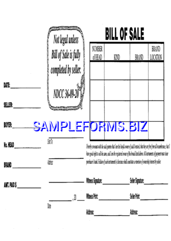 North Dakota Livestock Bill of Sale Form pdf free
