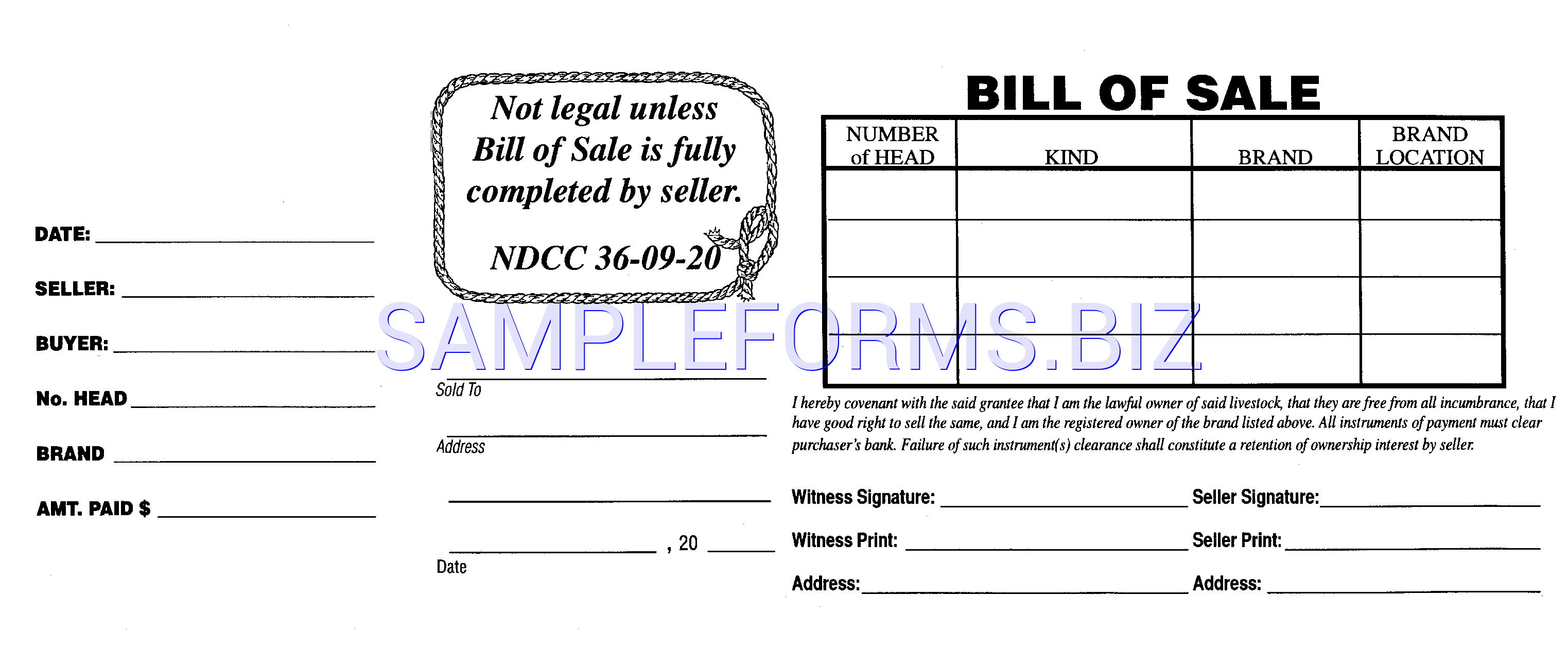 Preview free downloadable North Dakota Livestock Bill of Sale Form in PDF (page 1)